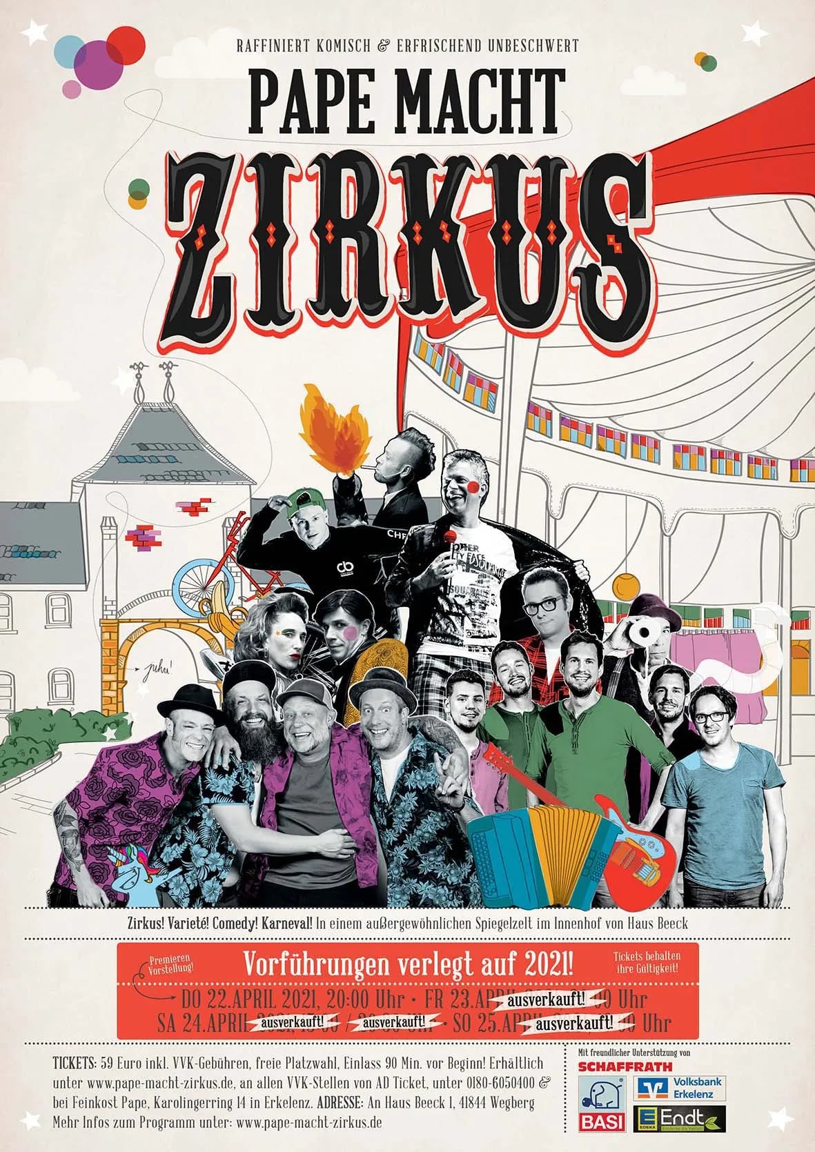 Plakat „Pape macht Zirkus“ mit Collage aus Porträtfotos und Zirkuszelt für ein Programm des Entertainers Christian Pape.