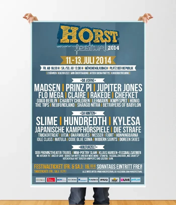 Plakat des Horst Festivals 2014 mit dem Line-up von Madsen, Prinz Pi, Jupiter Jones und Slime auf blauem Grund.
