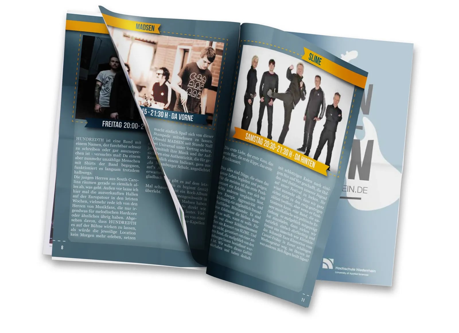 Aufgeschlagenes Programmheft des Horst Festivals mit Bandfotos, Zeitplan und Texten im blau-gelben Layout.