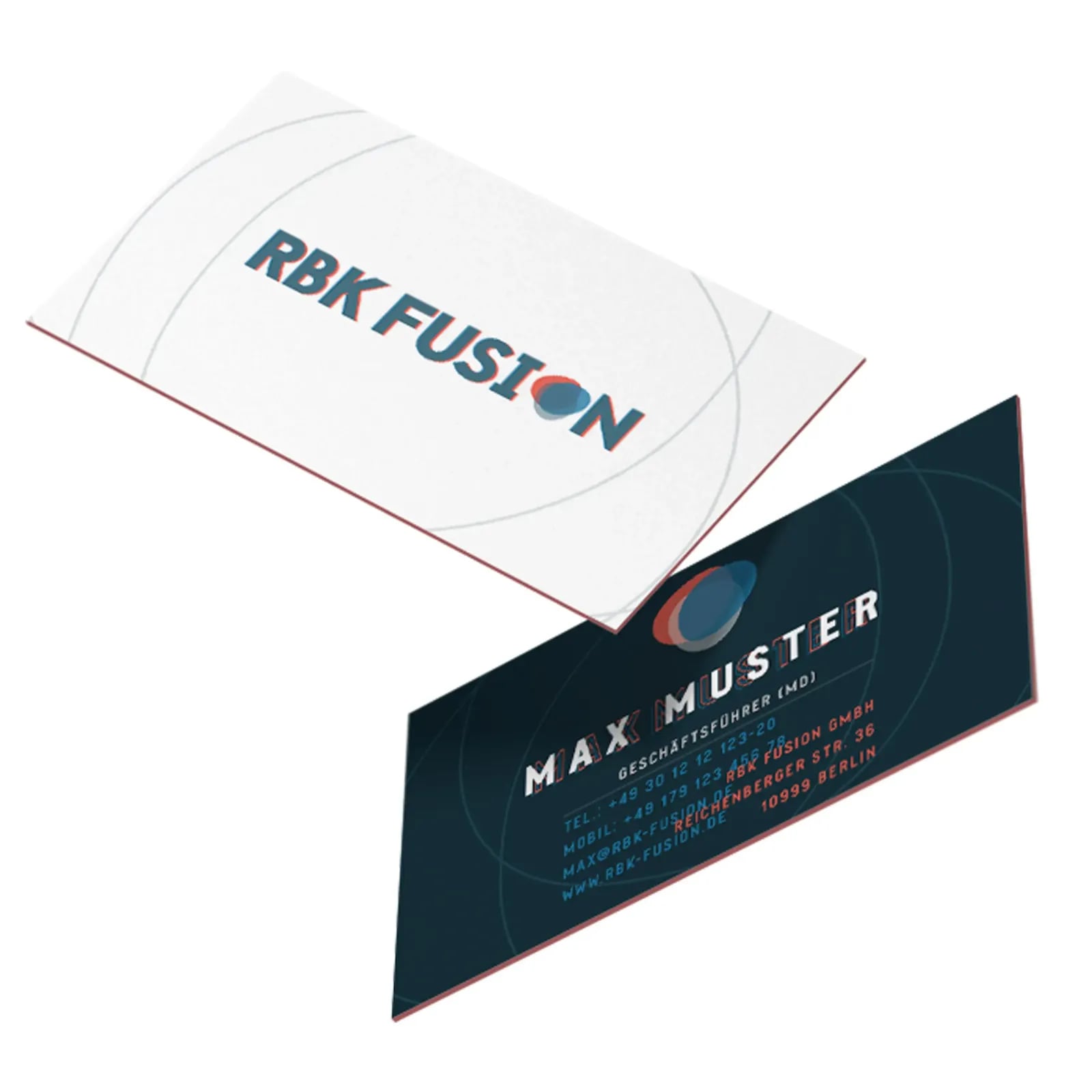 Visitenkarten des Konzertveranstalters RBK Fusion in Weiß und Dunkelblau mit dem Logo als Kreissignet.