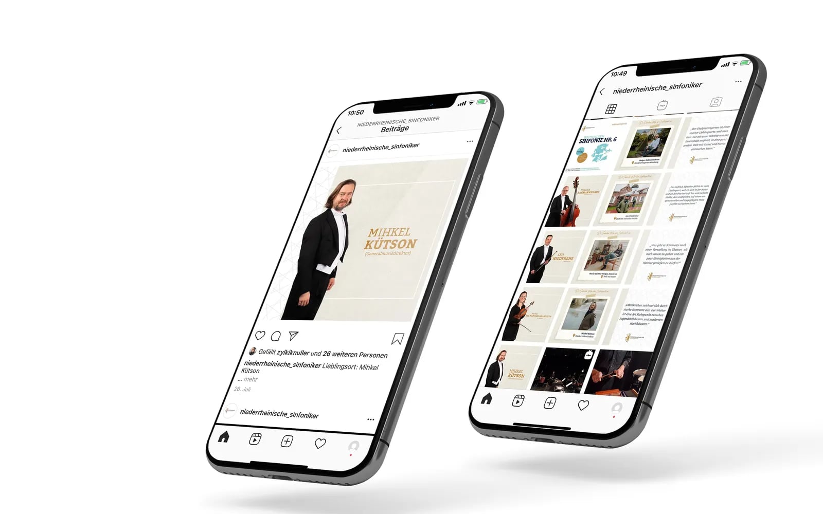 Zwei Smartphones mit dem Instagram-Auftritt der Niederrheinischen Sinfoniker: Profil und Beitragsraster im neuen Erscheinungsbild.