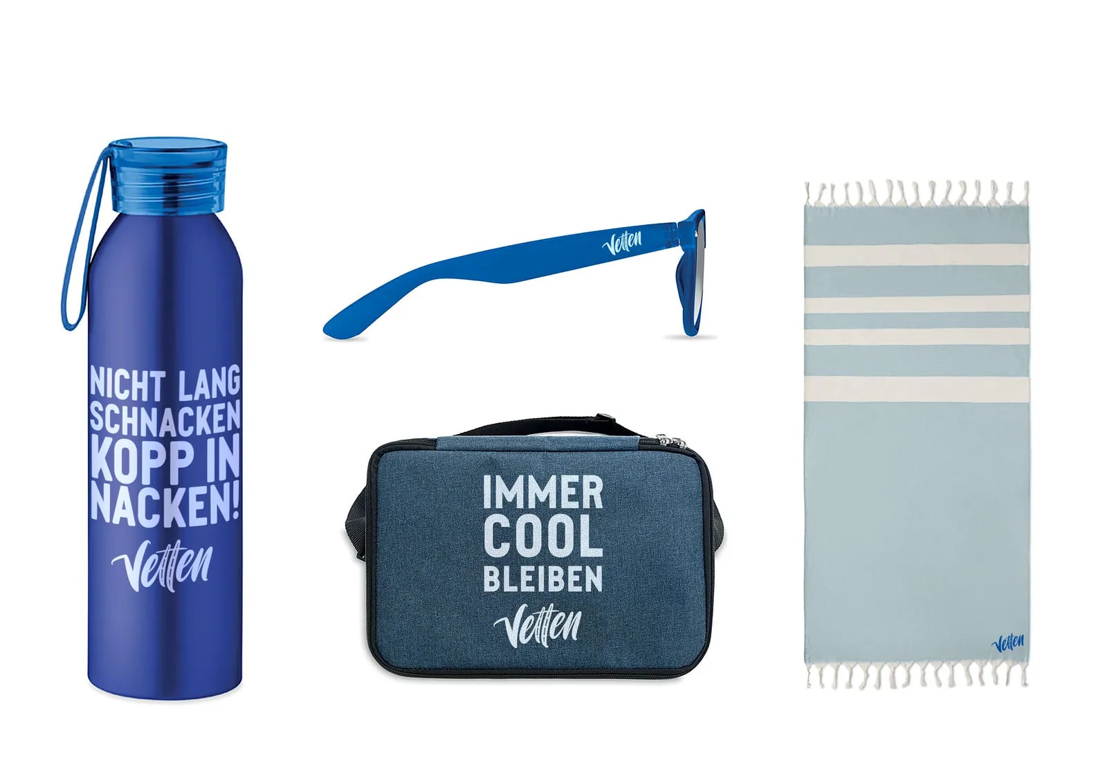 Werbeartikel der Vetten Gruppe: blaue Trinkflasche, Sonnenbrille, Kulturtasche und Handtuch mit Sprüchen im Markenton.