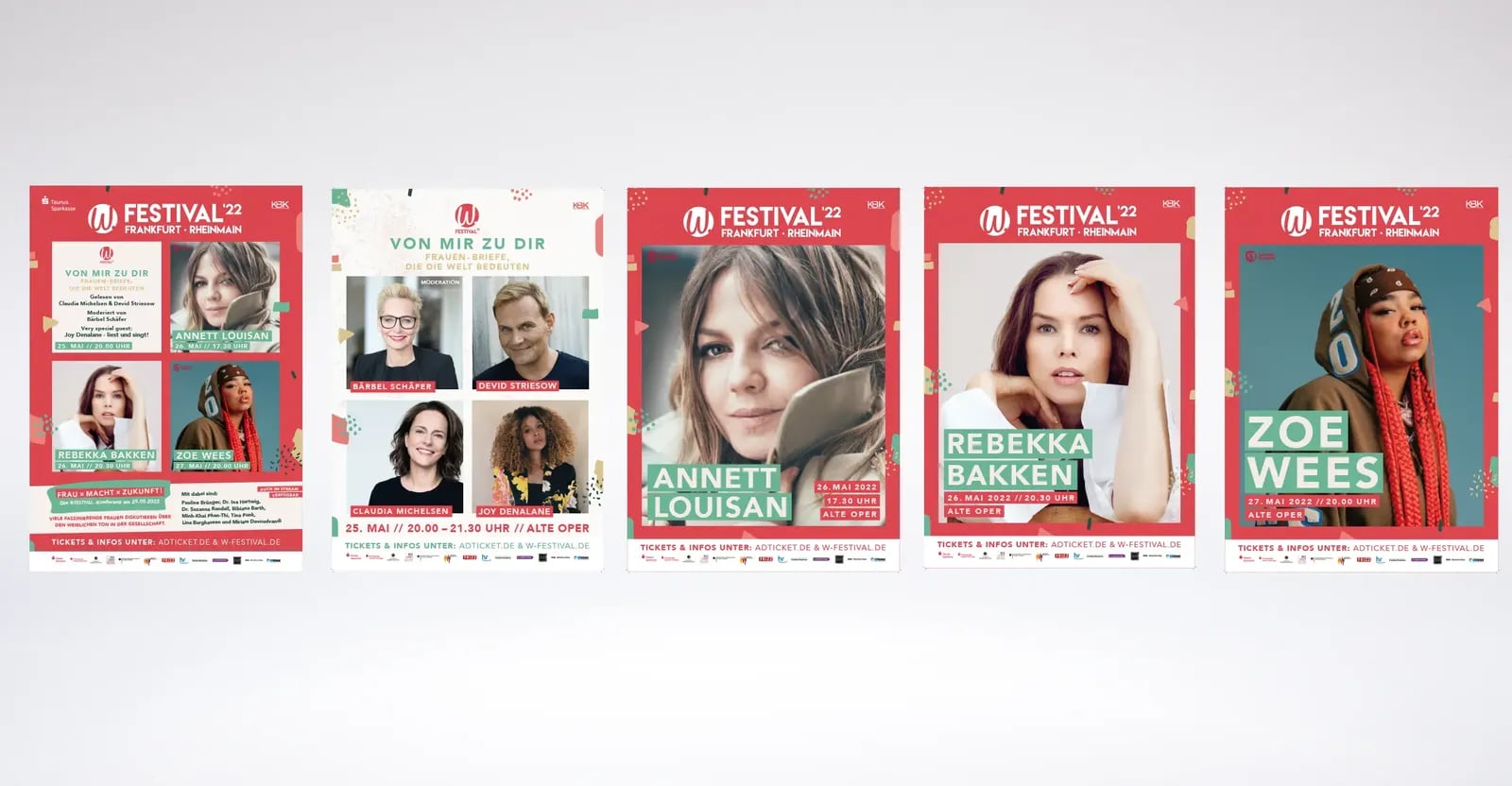 Plakatserie des W-Festivals in Frankfurt mit Porträts der Künstlerinnen Annett Louisan, Rebekka Bakken und Zoe Wees in Rot und Weiß.
